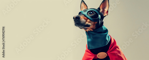 Dog in superhero costume. Dog wearing a superhero costume and sitting down. Generative AI