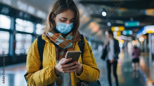 Woman in Jacket Wearing Mask Using Smartphone at Transit Station
