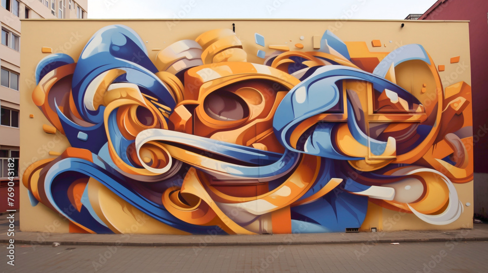 Graffiti-inspired lettering leaps from the walls in a street art mural, accompanied by swirling abstract shapes that add depth and dimension to the urban landscape.