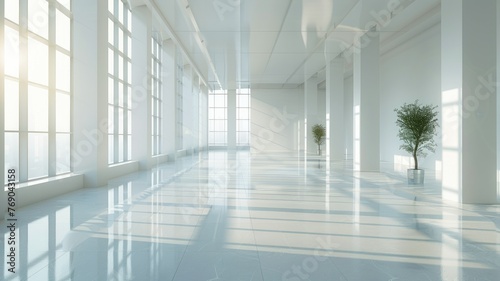 Sunlit modern corridor with reflective flooring - A bright, contemporary space with sunlight streaming through large windows, creating a warm and welcoming corridor