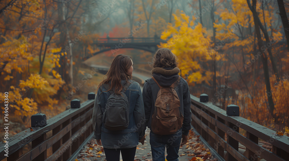 Obraz premium Two people walking on a bridge in an autumn park with colorful foliage.