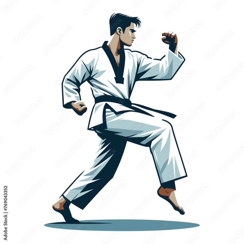 Man taekwondo athlete full body design illustration, male taekwondo martial art player, fight sport, kicking attack technique. design template isolated on white background Man taekwondo athlete full body design illustration, male taekwondo martial art player, fight sport, kicking attack technique. design template isolated on white background