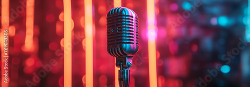 Microphone on bright neon color blurred background. Karaoke or Stand up. Generative AI