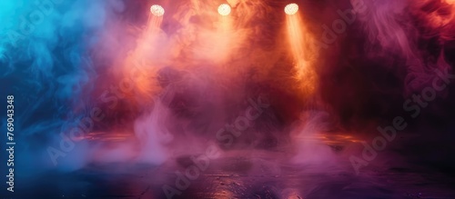 Glowing background with spotlight and smoke. Stage concept and copy space.