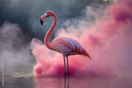 Pink flamingo in the lake with pink smoke around.