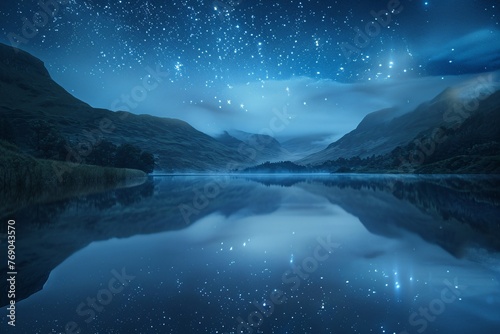a lake with mountains and stars in the sky