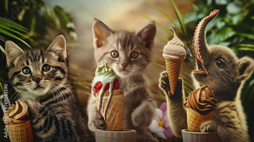 A photo collage of cats, pets, elephants, and bears with ice cream, in the style of uhd image, candid celebrity shots, AI generated photo
