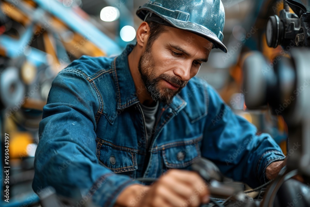 A skilled worker in denim and hardhat adjusts complex machinery, illustrating manual labor A skilled worker in denim and hardhat adjusts complex machinery, illustrating manual labor