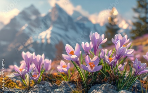 Flowers bloom on rocky hillside with mountains in background © Gromik