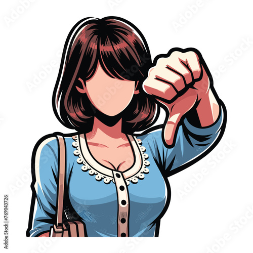 Woman showing thumbs down design illustration, unhappy girl gesturing dislike, disapproval sign, negative expression, disagreement. vector template isolated on white background