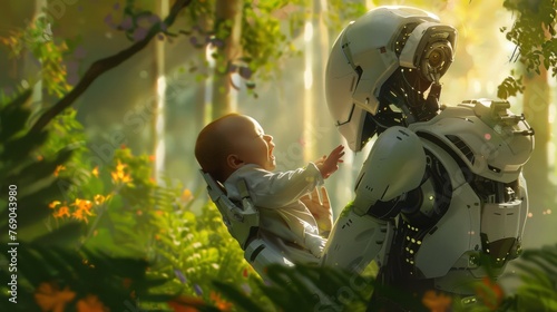 Baby laughing with robot in sunlit forest. Perfect for themes of nature and technology harmony.