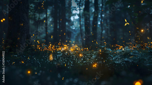 Nocturnal fireflies dancing in a dark forest clearing © Muhammad