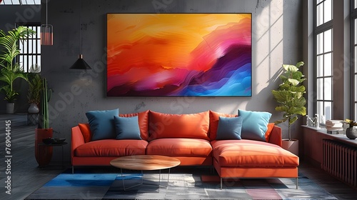 wall art mockup featuring a modern digital art piece, with vibrant colors and abstract shapes, adding a bold and dynamic focal point to any room, portrayed in cinematic 16:9 perfection. photo