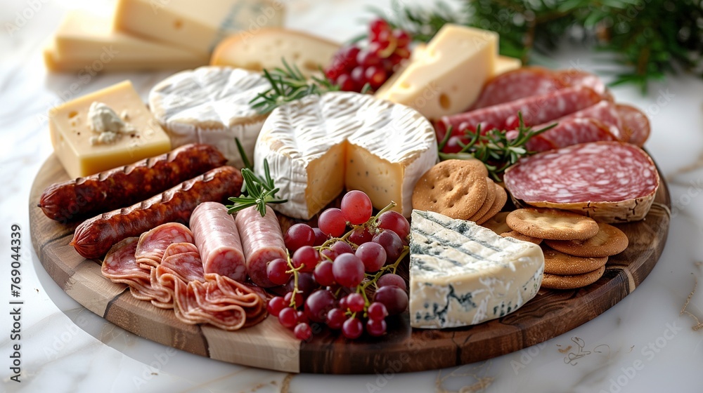 Explore a diverse spread of cheeses, sausages, crackers, and berries arranged enticingly on a platter Explore a diverse spread of cheeses, sausages, crackers, and berries arranged enticingly on a platter