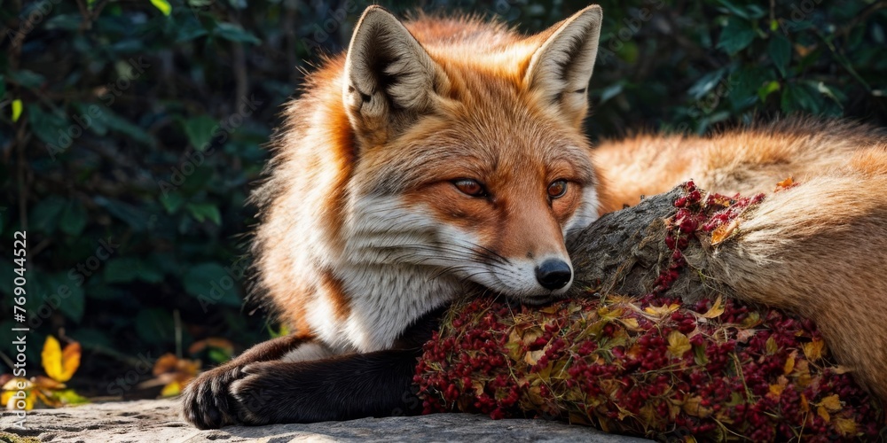   Close-up of a fox resting on a rock, with its head resting on a tree trunk and gazing at the camera