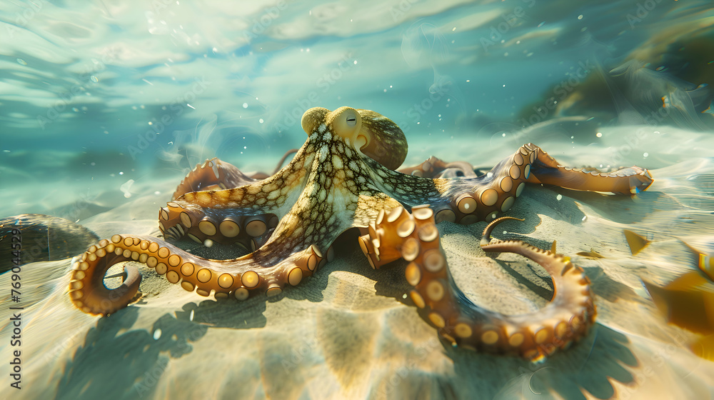 Octopus gliding through the clear waters of the ocean Octopus gliding through the clear waters of the ocean