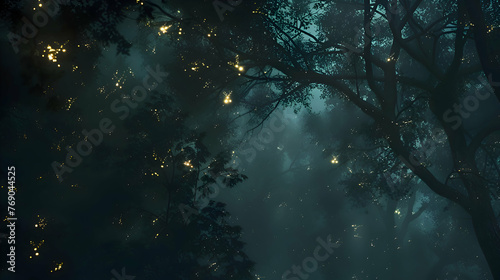 Nocturnal fireflies lighting up a dark forest canopy