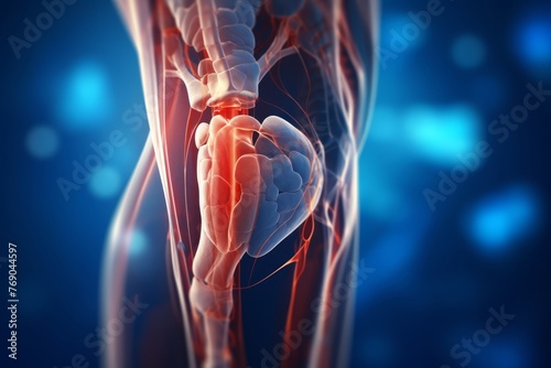 Human knee joint anatomy on scientific background. 3d illustration.
