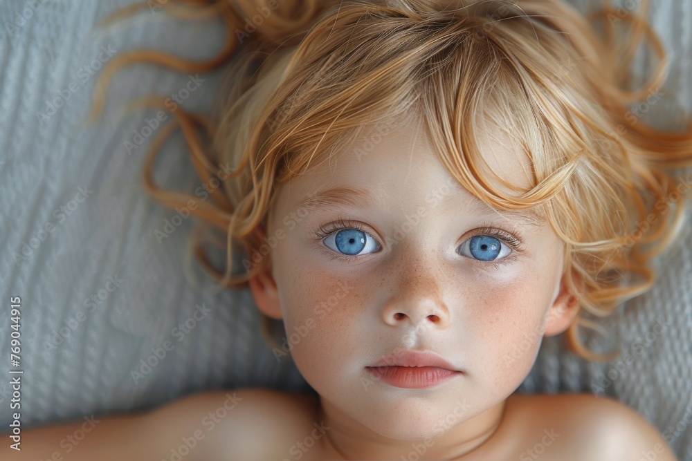 Top view portrait of a young boy with tousled hair and striking blue eyes looking up, depicting curiosity Top view portrait of a young boy with tousled hair and striking blue eyes looking up, depicting curiosity
