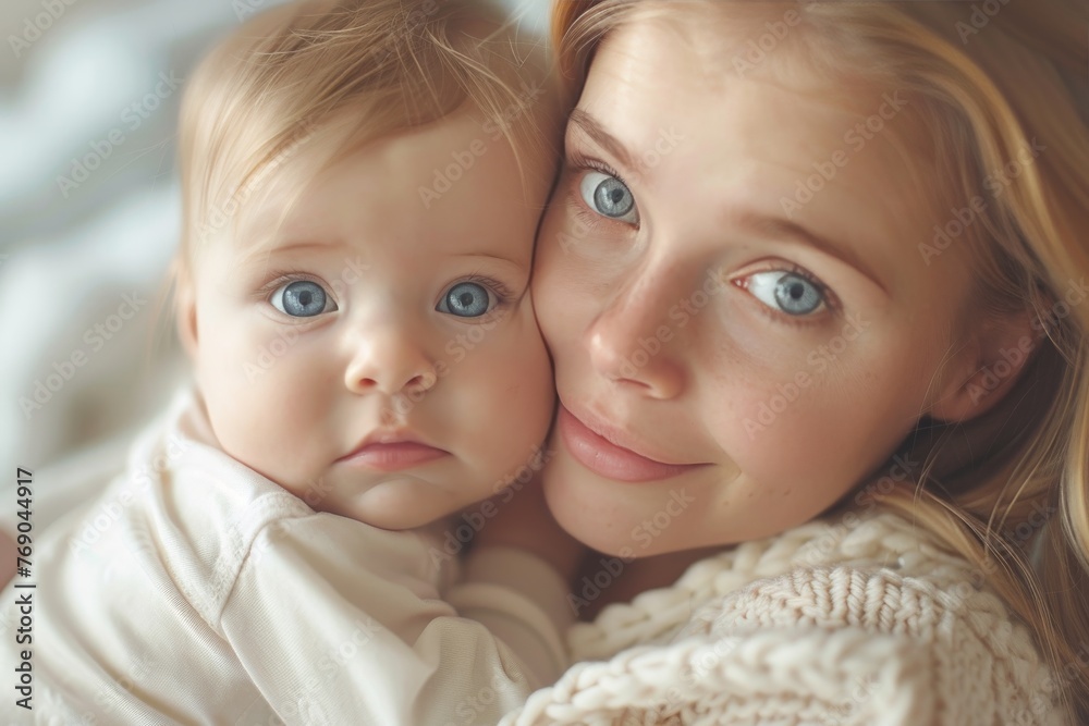 Tender moment captured between a young mother and baby with similar blue eyes and expressions