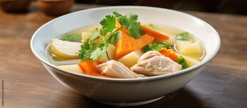 A delicious bowl of soup filled with hearty chunks of meat and assorted fresh vegetables, perfect for a comforting meal A delicious bowl of soup filled with hearty chunks of meat and assorted fresh vegetables, perfect for a comforting meal