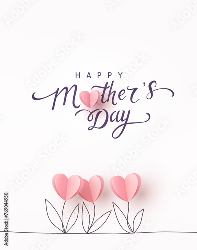 Mother's day postcard with paper tulips flowers and calligraphy text on light pink background. Vector symbols of love in shape of heart for greeting card, cover, label design