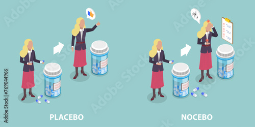 3D Isometric Flat Vector Illustration of Placebo And Nocebo, Medicine Side Effects