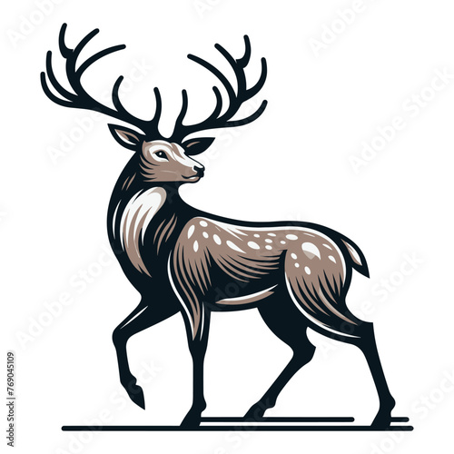 Deer full body design illustration  standing reindeer with antlers illustration  wild mammal animal concept. Vector template isolated on white background