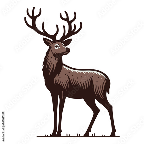 Deer full body design illustration  standing reindeer with antlers illustration  wild mammal animal concept. Vector template isolated on white background