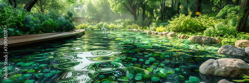 Green Nature Park in Summer, Water Reflection, Serene Landscape, Environmental Beauty