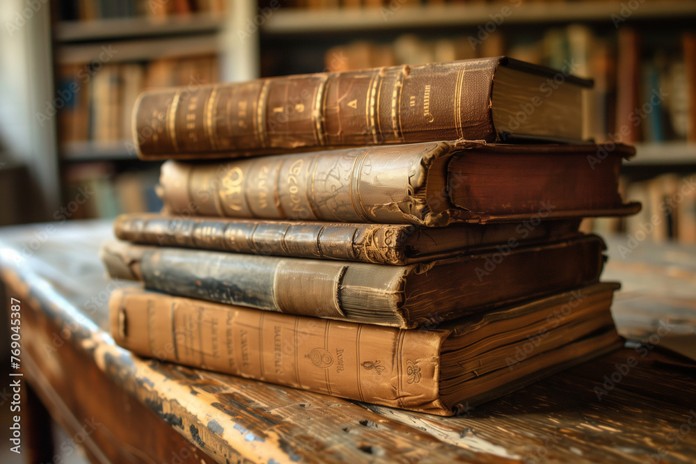 A stack of old books with a blue book on top A stack of old books with a blue book on top