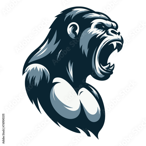 Wild angry gorilla head face vector illustration, primate animal zoology element illustration, roaring strong big ape logo mascot, design template isolated on white background
