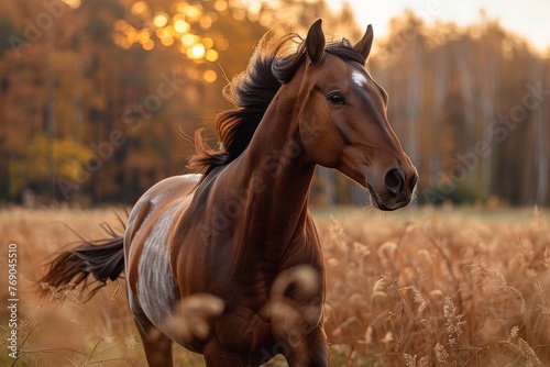A stunning image capturing a gorgeous horse with a shiny coat in a golden autumn field at the golden hour