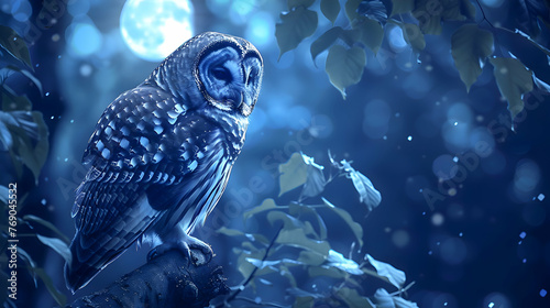 Owl perched silently in a moonlit forest clearing photo