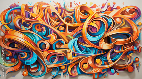 Graffiti-inspired lettering intertwines with swirling abstract patterns in a street art mural, creating a mesmerizing tapestry of urban expression and creativity.