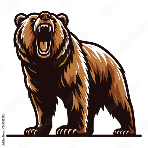 Roaring grizzly bear full body design illustration, animal predator zoology element illustration, wild beast brown bear, vector template isolated on white background