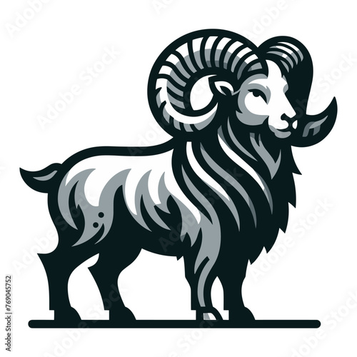 Bighorn horned ram sheep full body design illustration, animal livestock, farm pet, agriculture concept, butchery meat shop element, vector isolated on white background