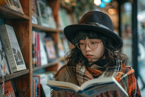 A woman wearing a hat and glasses is reading a book. She is looking at the book with a serious expression