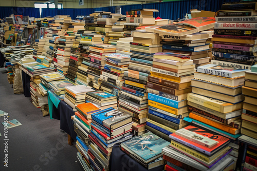 A large pile of books is stacked on top of each other. The books are of various sizes and colors, and they are piled high on a table. The scene gives off a sense of abundance and organization