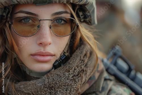 Attractive female soldier wearing tactical gear and fashionable glasses, posing in a natural outdoor setting