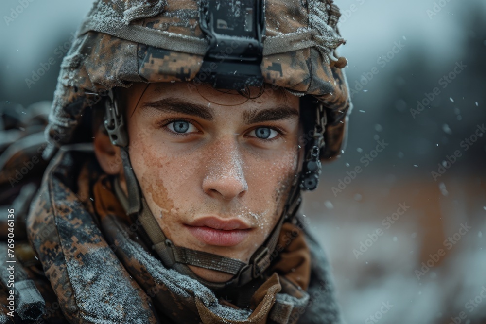 Striking close-up of a resilient young soldier facing the snow with a look of steadfast determination Striking close-up of a resilient young soldier facing the snow with a look of steadfast determination
