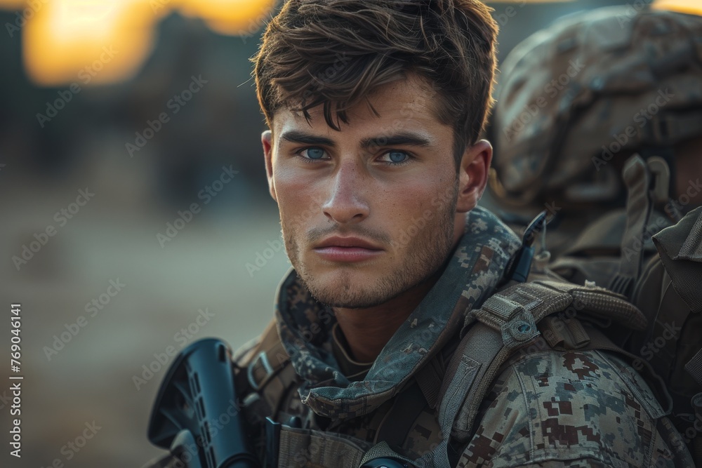 Evocative portrait of a soldier with contemplative eyes during the golden hour, symbolizing hope and reflection