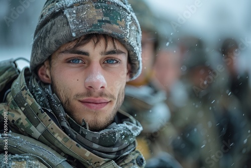 Expressive portrait of a young soldier with a serene look in a snowy environment, embodying calm under pressure