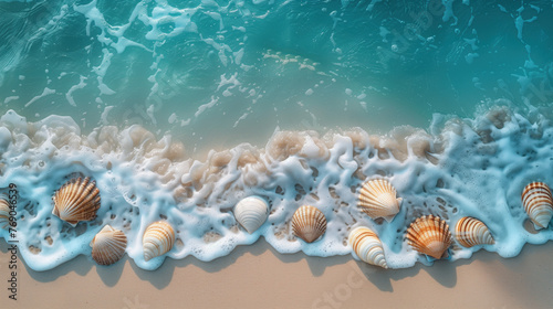 Top View of Sea Shells Getting Covered by Blue Sea Wave photo