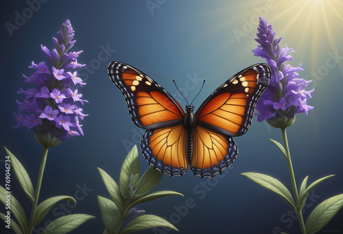 Drawing of orange butterfly with lavender flower