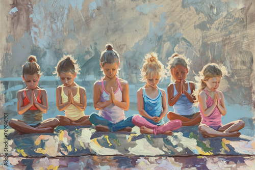 A group of little children doing yoga together, in the style of light yellow and light red, dark gray and dark azure, AI generated photo