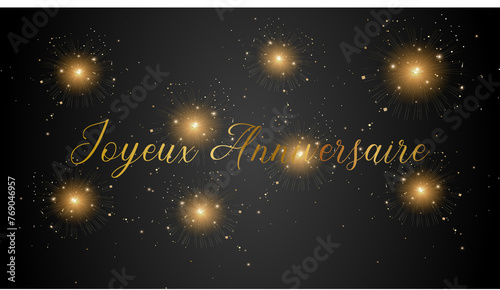 carte ou bandeau pour souhaiter un joyeux anniversaire en or sur un fond noir avec des étoiles et des paillettes de couleur or photo