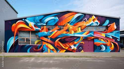 Graffiti-style lettering takes on a life of its own in a captivating street art mural, where bold strokes and vibrant colors intertwine with abstract shapes to create a visually arresting display 