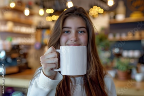 Young woman holding a coffee cup - Smiling young woman in a cafe holding a white mug  cozy atmosphere in the background