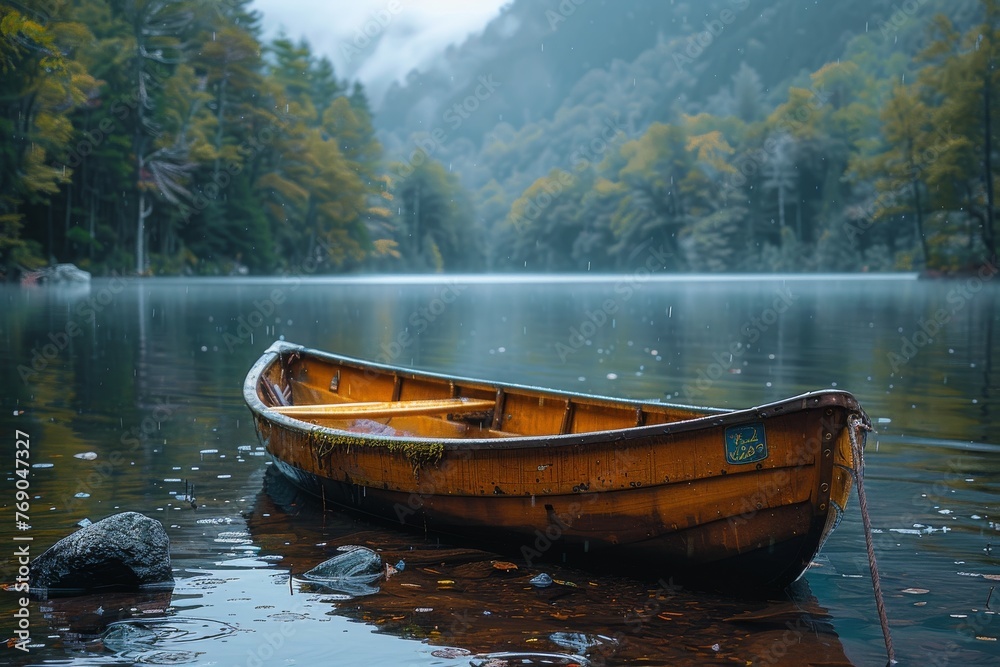 A serene image featuring a solitary wooden canoe floating on a calm lake surrounded by foggy autumnal trees A serene image featuring a solitary wooden canoe floating on a calm lake surrounded by foggy autumnal trees